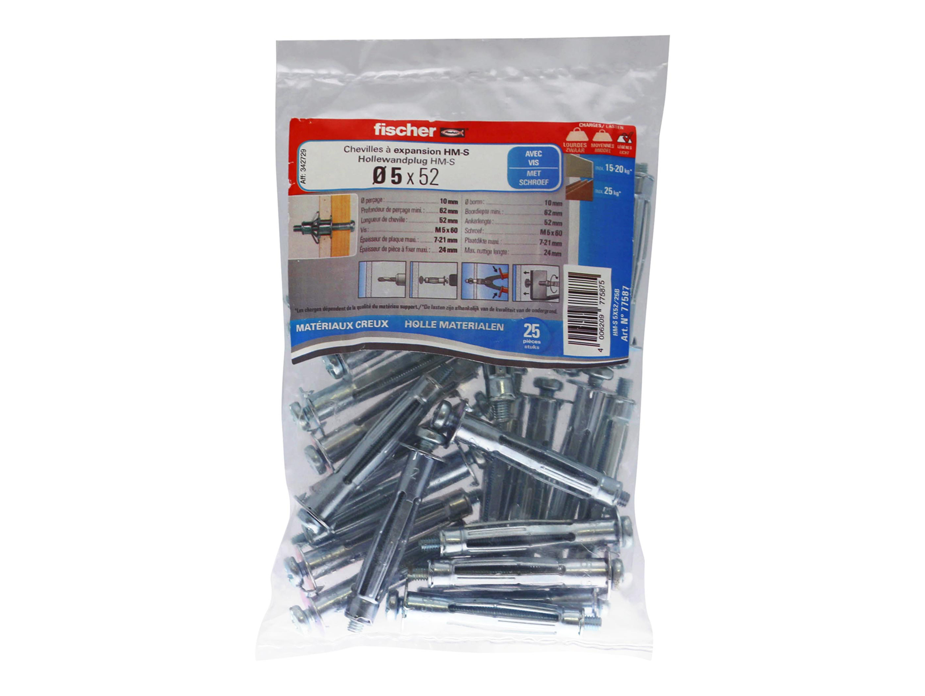 Cheville metal cloison creuse 5 x 52 avec vis
